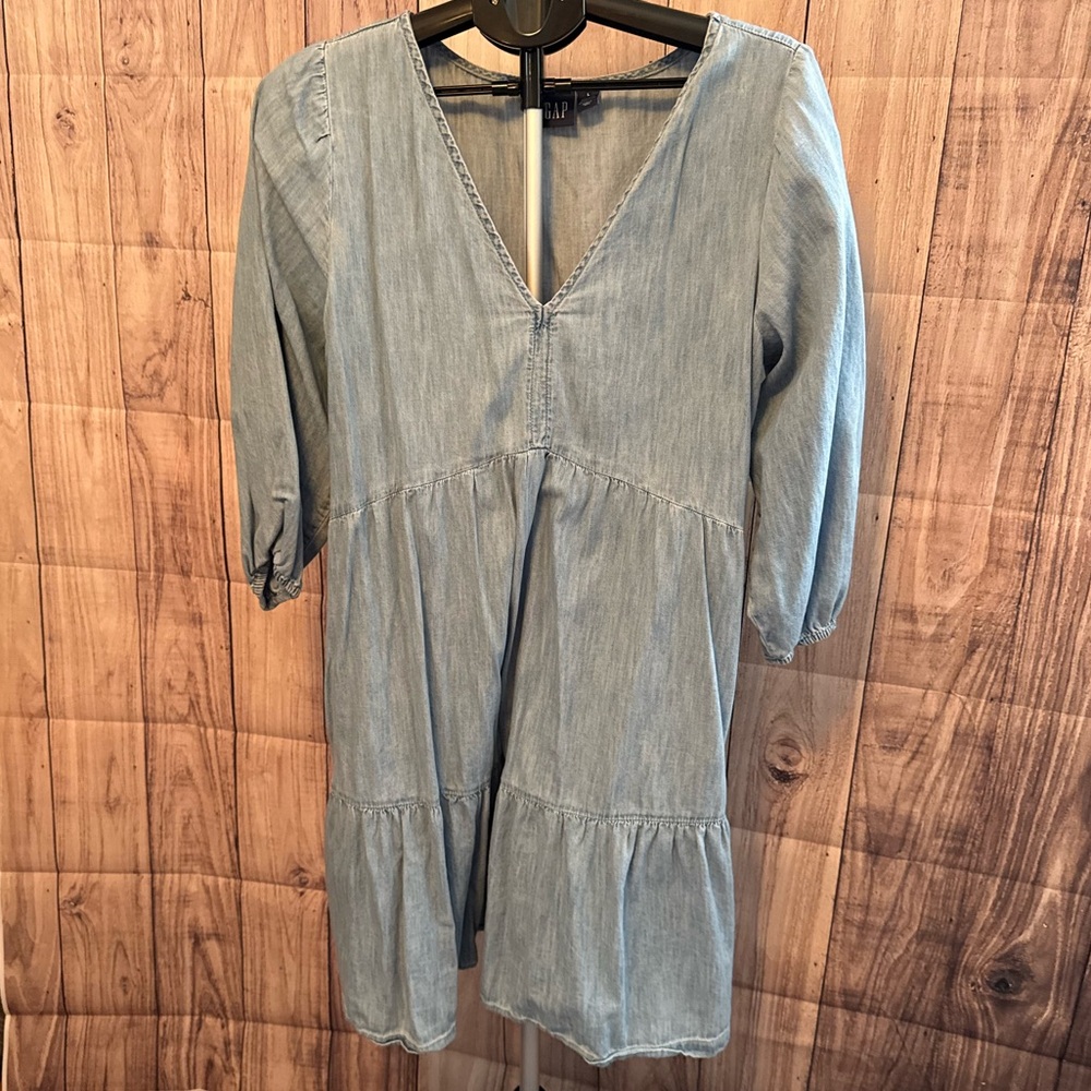 👗GAP Chambray Tiered Dress | V-Neck Denim Midi | Organic Cotton | L